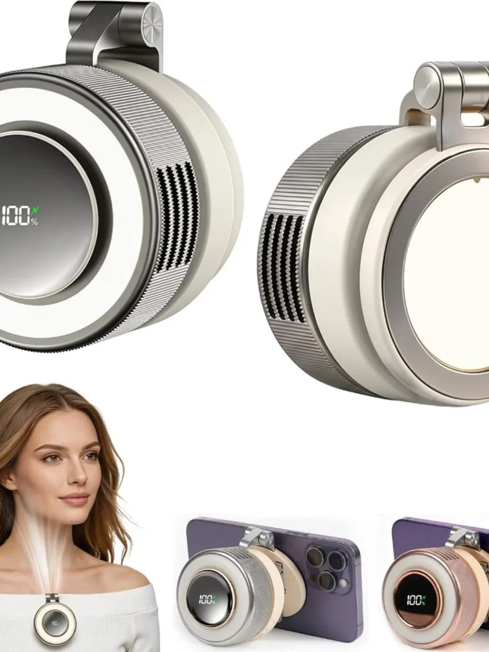 Portable Rechargeable Neck Fan with Magnetic Phone Holder & Digital Battery
